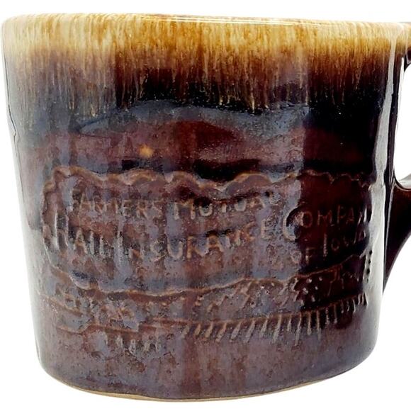 2 Western Stoneware Mug Farmers Mutual Insurance Iowa Brown Drip Glaze Coffee - Picture 2 of 11